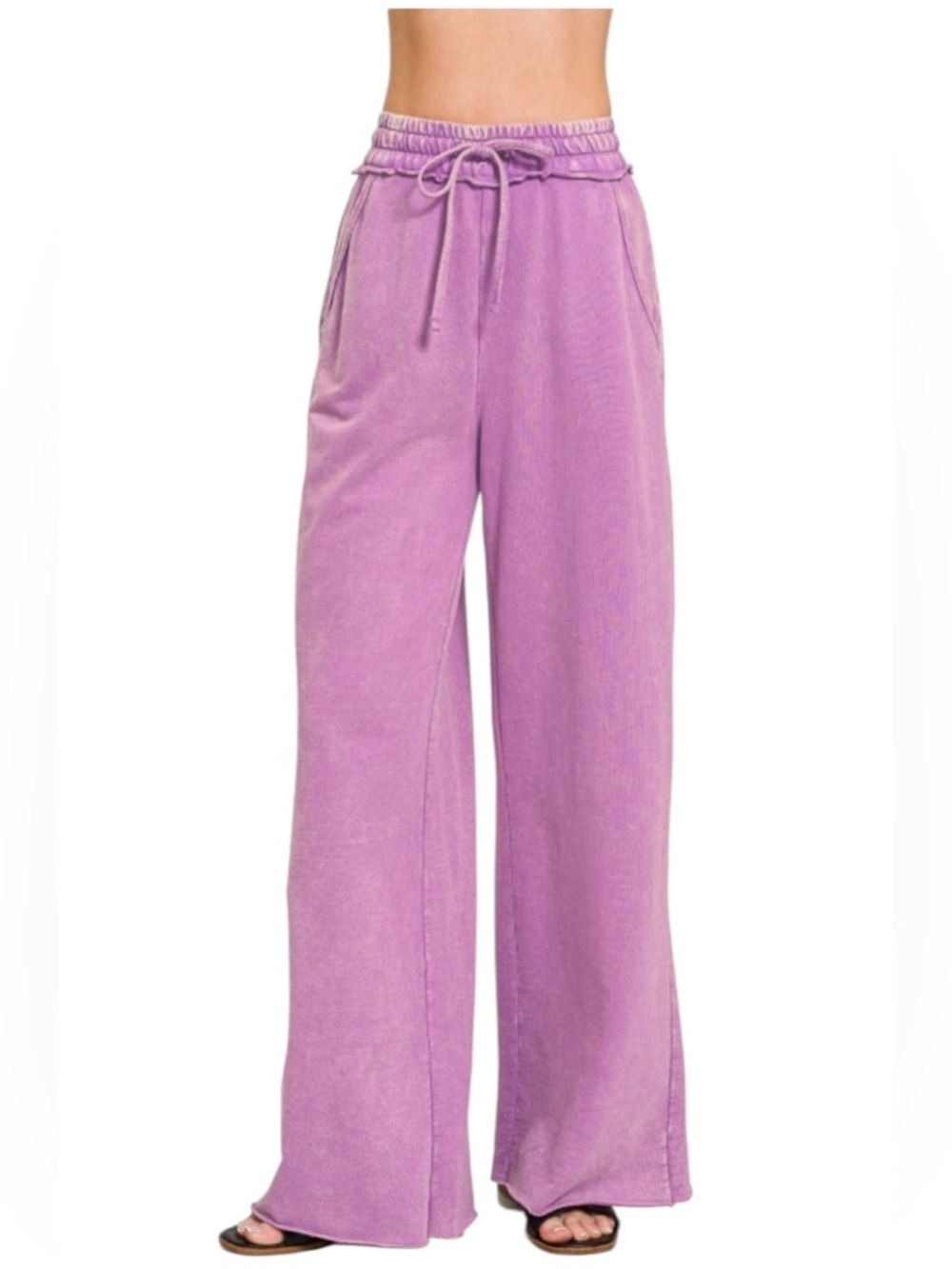 Zenana Black Wash Cotton French Terry Wide Leg Pants - Picture 4 of 8